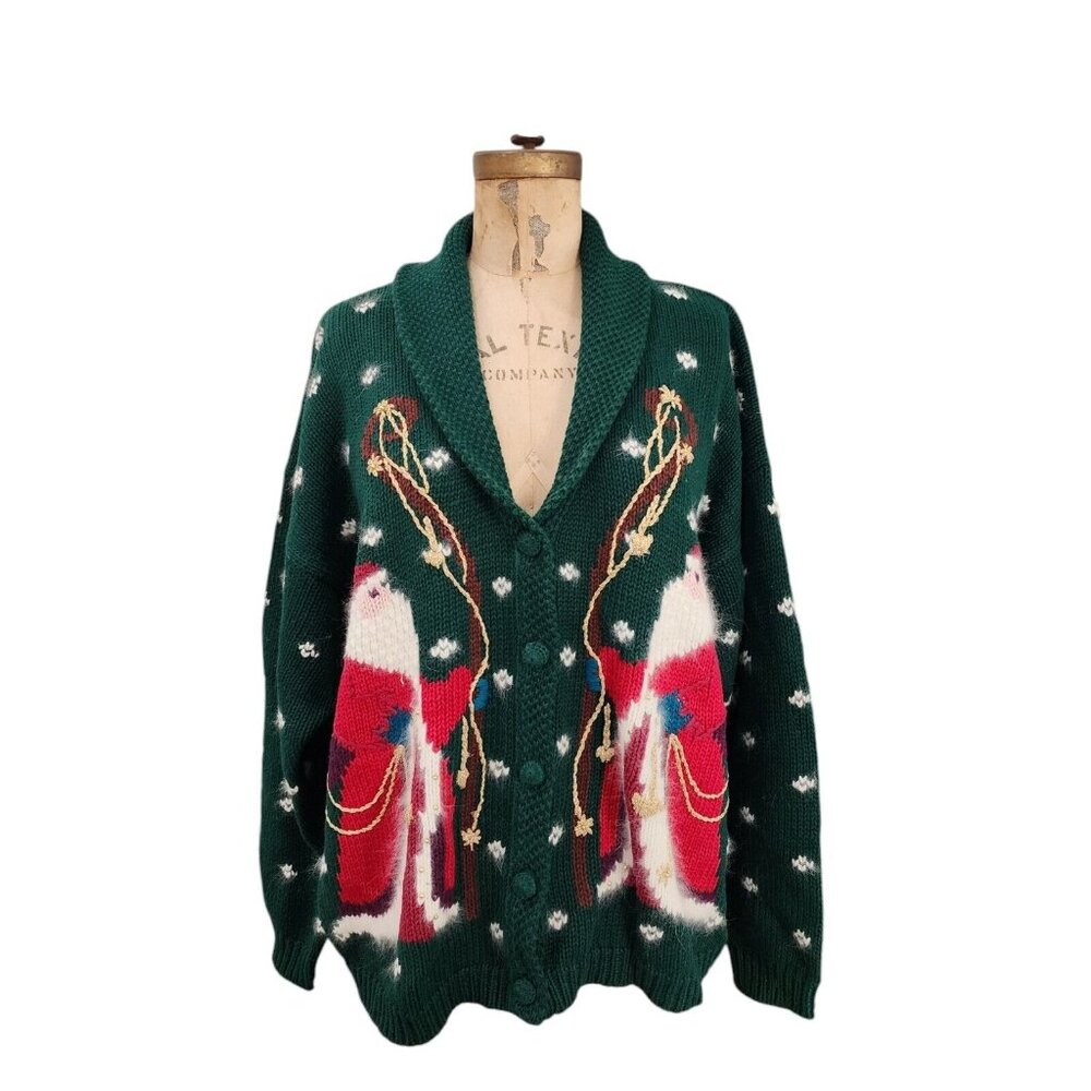 Vintage Stitches in Time Santa Christmas Cardigan Sweater Shawl Collar Green 1X